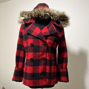 Victoria Secret Pink Pea Coat Buffalo Plaid RED BLACK Hood Womens M Y2K Faux Fur